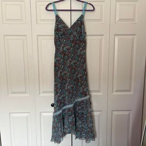 Vintage Y2K Fairy Boho Indie Believe Floral Brown Blue Babydoll Maxi Dress Sz 12